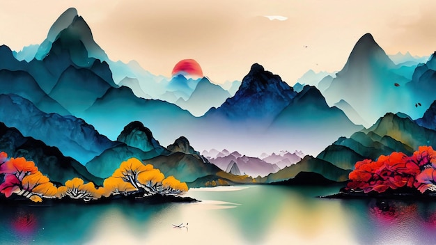 中国の水墨画 雄大な山々 緑豊かな森林 きらめく湖