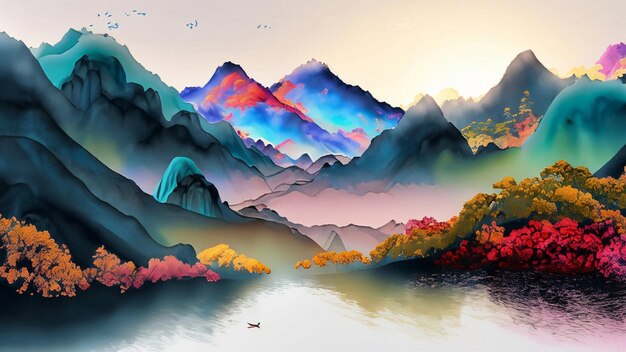 Chinese inkwash painting Majestic mountains Lush forests Glittering lakes