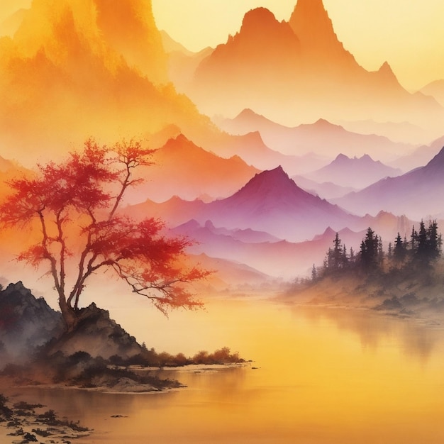Chinese inkwash painting majestic mountains lush forests glittering lakes