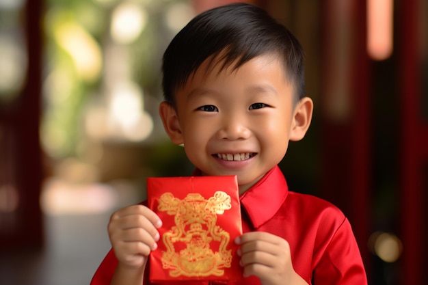 Chinese jonge jongen die een traditioneel pak draagt en een aungpao bokeh stijl achtergrond vasthoudt