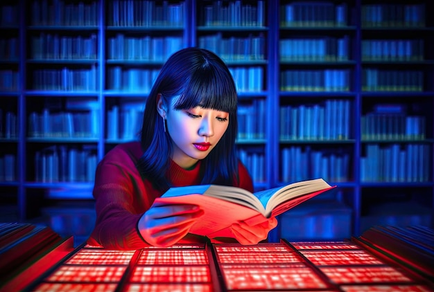 chinese jonge vrouw die een boek leest in een bibliotheek in de stijl van gedurfde chromaticiteit