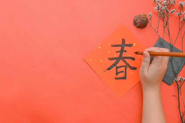 Chinese kalligrafie schrijven met woord dat geluk betekent voor nieuw maanjaar