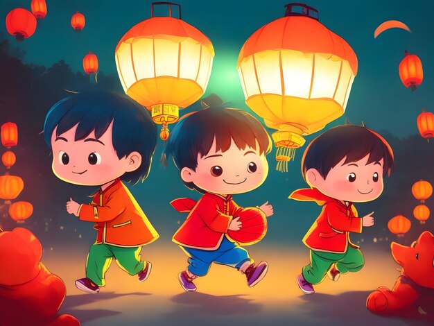 Photo chinese kids carry colorful glowing lantern during the mid autumn festival celebration