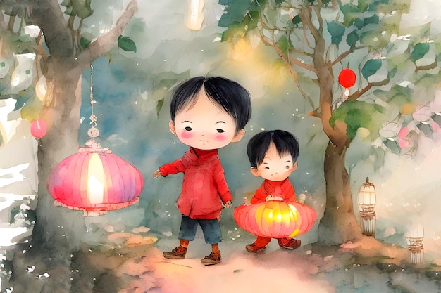 Photo chinese kids carry colorful glowing lantern during the mid autumn festival celebration