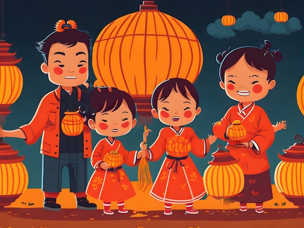 Chinese kids carry colorful glowing lantern during the mid autumn festival celebration