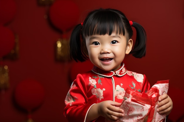 中国の新年を祝う赤いお金のパケットを持った中国の子供たち