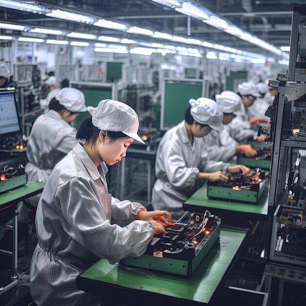 Chinese labor workers in car factory