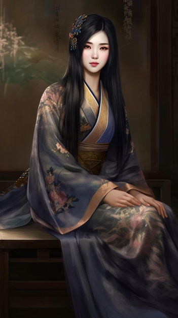 A chinese lady in a blue kimono.