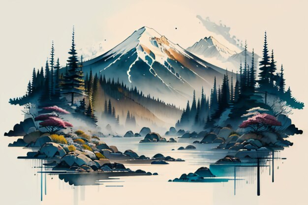 Chinese landscape background mural ink and watercolor mountain wallpaper design simple cover