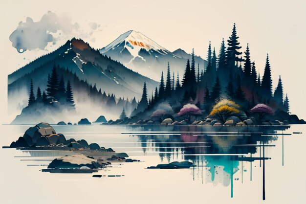 Chinese landscape background mural ink and watercolor mountain wallpaper design simple cover