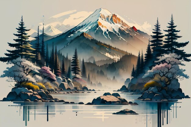 Chinese landscape background mural ink and watercolor mountain wallpaper design simple cover