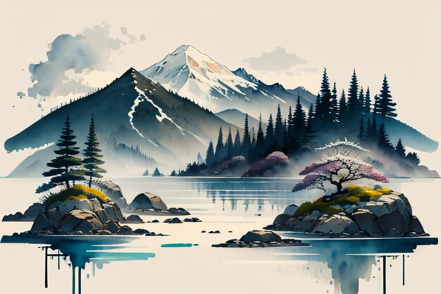 Chinese landscape background mural ink and watercolor mountain wallpaper design simple cover