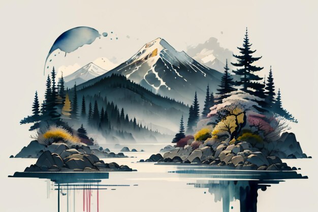 Chinese landscape background mural ink and watercolor mountain wallpaper design simple cover