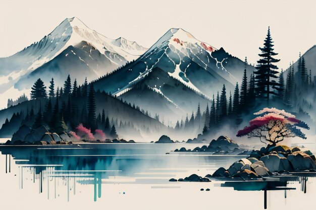 Chinese landscape background mural ink and watercolor mountain wallpaper design simple cover