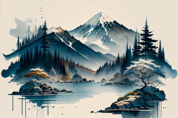 Chinese landscape background mural ink and watercolor mountain wallpaper design simple cover