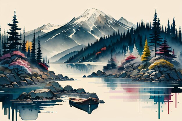 Chinese landscape background mural ink and watercolor mountain wallpaper design simple cover