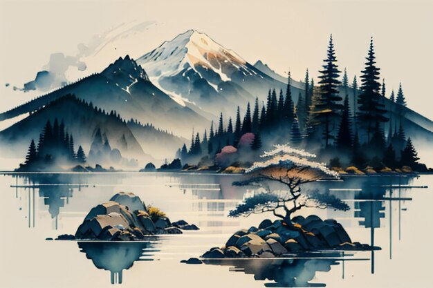 Chinese landscape background mural ink and watercolor mountain wallpaper design simple cover