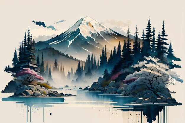 Chinese landscape background mural ink and watercolor mountain wallpaper design simple cover