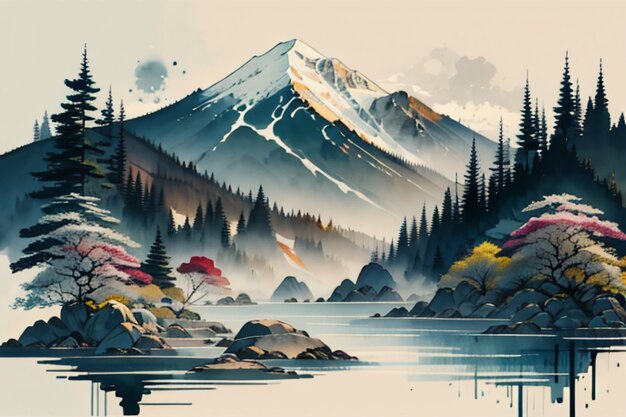 Chinese landscape background mural ink and watercolor mountain wallpaper design simple cover