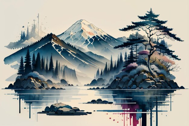 Chinese landscape background mural ink and watercolor mountain wallpaper design simple cover