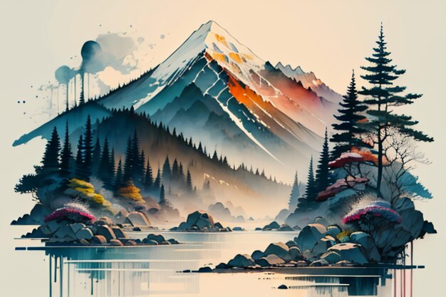 Chinese landscape background mural ink and watercolor mountain wallpaper design simple cover