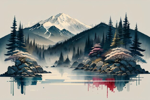 Chinese landscape background mural ink and watercolor mountain wallpaper design simple cover