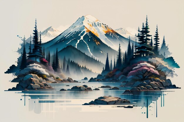 Chinese landscape background mural ink and watercolor mountain wallpaper design simple cover