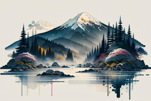 Chinese landscape background mural ink and watercolor mountain wallpaper design simple cover