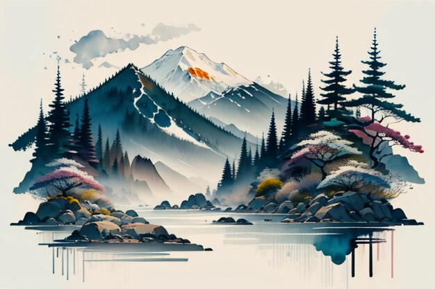 Chinese landscape background mural ink and watercolor mountain wallpaper design simple cover