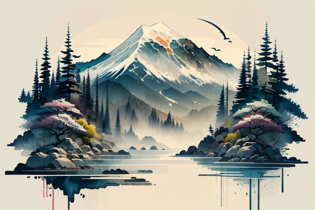 Chinese landscape background mural ink and watercolor mountain wallpaper design simple cover