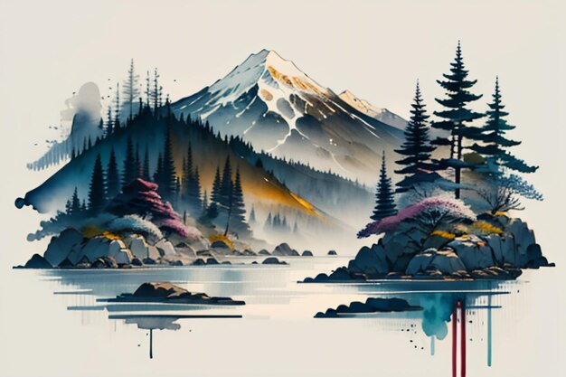 Chinese landscape background mural ink and watercolor mountain wallpaper design simple cover