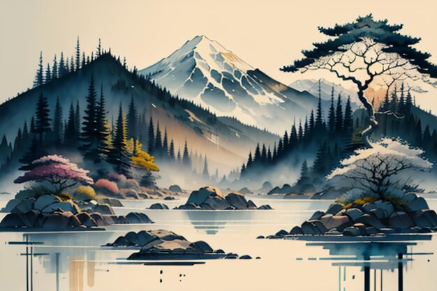 Chinese landscape background mural ink and watercolor mountain wallpaper design simple cover