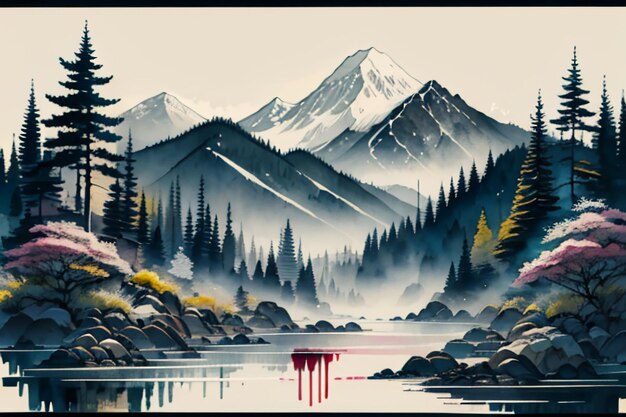 Chinese landscape background mural ink and watercolor mountain wallpaper design simple cover