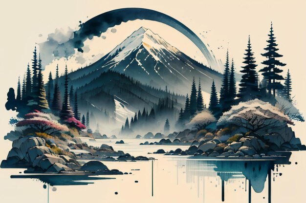 Chinese landscape background mural ink and watercolor mountain wallpaper design simple cover