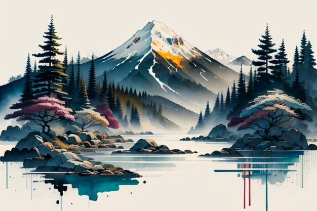 Chinese landscape background mural ink and watercolor mountain wallpaper design simple cover