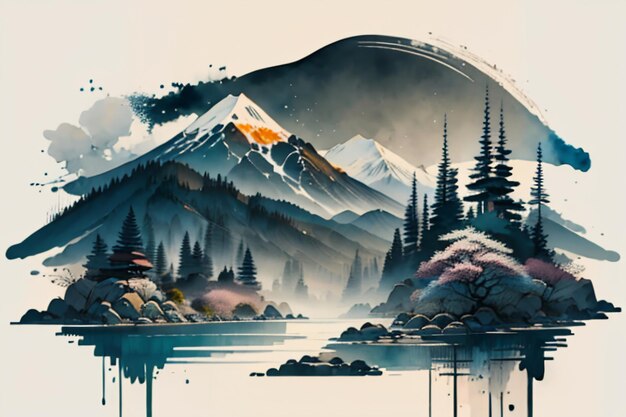 Chinese landscape background mural ink and watercolor mountain wallpaper design simple cover