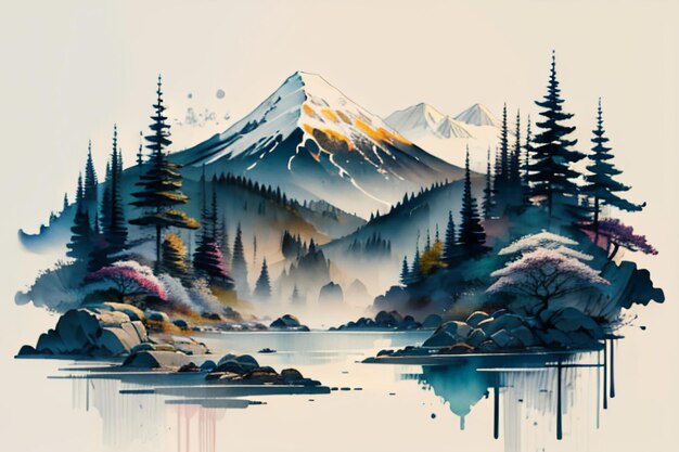 Chinese landscape background mural ink and watercolor mountain wallpaper design simple cover