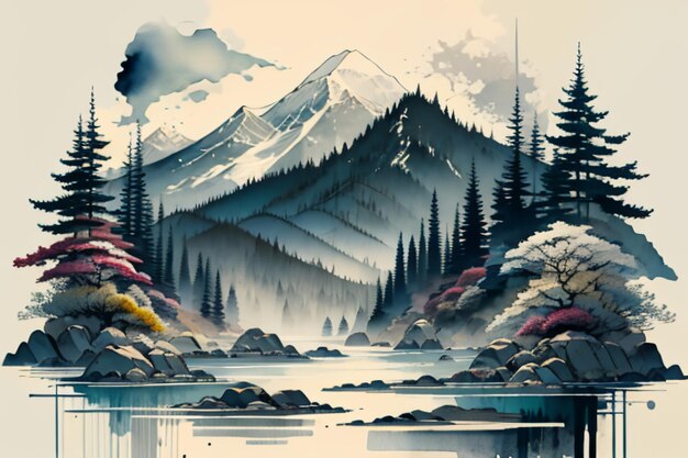 Chinese landscape background mural ink and watercolor mountain wallpaper design simple cover