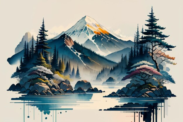 Chinese landscape background mural ink and watercolor mountain wallpaper design simple cover