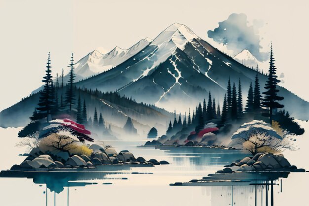 Chinese landscape background mural ink and watercolor mountain wallpaper design simple cover