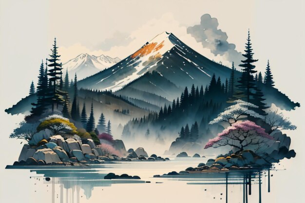 Chinese landscape background mural ink and watercolor mountain wallpaper design simple cover