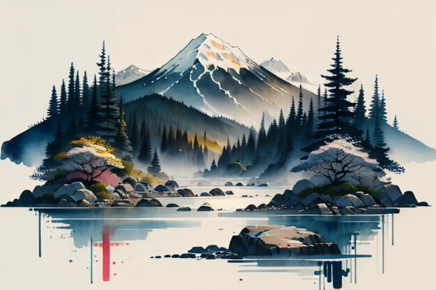 Chinese landscape background mural ink and watercolor mountain wallpaper design simple cover