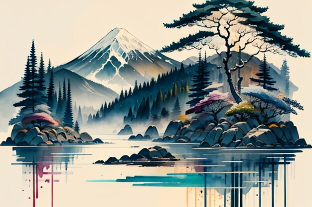 Chinese landscape background mural ink and watercolor mountain wallpaper design simple cover