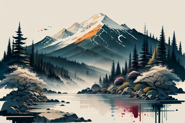 Chinese landscape background mural ink and watercolor mountain wallpaper design simple cover