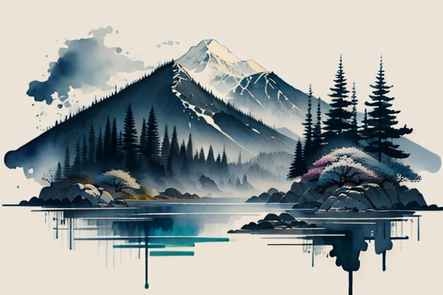 Chinese landscape background mural ink and watercolor mountain wallpaper design simple cover