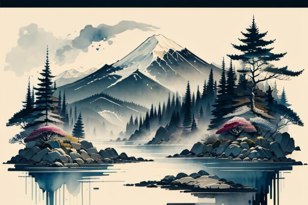 Chinese landscape background mural ink and watercolor mountain wallpaper design simple cover