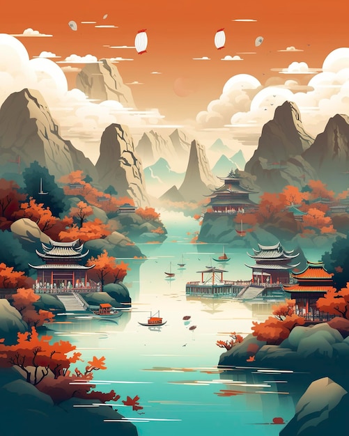 Chinese landscape mapdistant mountains flat illustration Generative AI