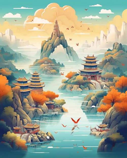 Chinese landscape mapdistant mountains flat illustration Generative AI