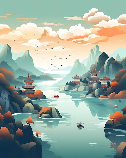 Chinese landscape mapdistant mountains flat illustration Generative AI