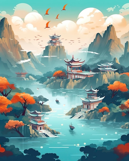 Chinese landscape mapdistant mountains flat illustration Generative AI